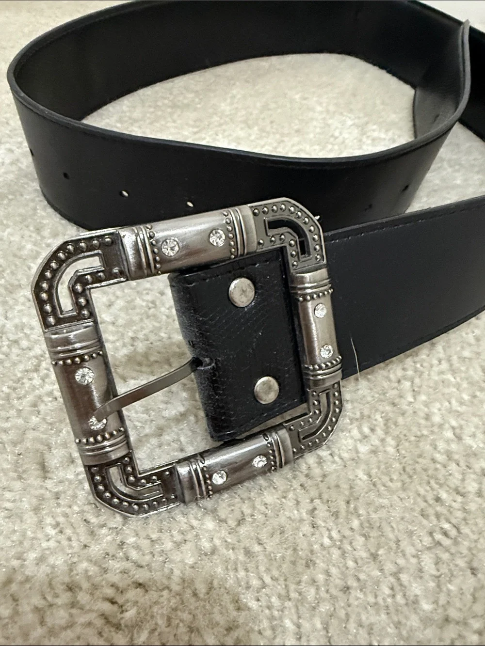 Men's Black Leather Belt with Decorative Silver-Tone Buckle
